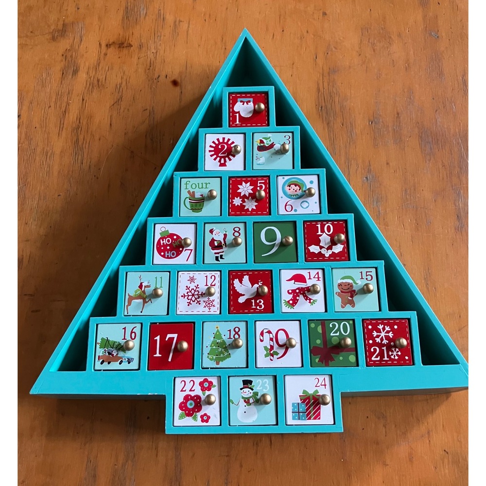 Darice Advent Calendar Christmas Tree Teal Blue Wood 24 Drawers Magnetic
